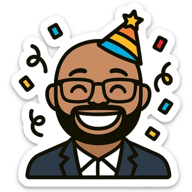 Create a funny celebration emoji version of the person in the photo with an exaggerated smile and glasses. Add party elements like confetti and a party hat. Do not include any hand gestures. Keep the background transparent. sticker