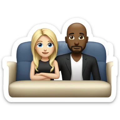 Blonde woman with blue eyes and long straight hair and black man who is bald with a goatee seated together on a sofa with their arms around each other.   sticker