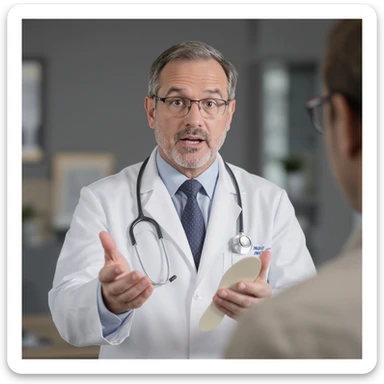 professional illustration of a doctor showing insoles to a client with a gesture suggesting it is not the best solution, 2:3 aspect ratio sticker