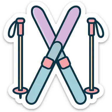 cross-country skis standing, tips crossing at the top, slightly inclined in opposite directions, poles on the sides, detailed shading, thin clean outlines, soft rounded features, pastel palette #98B5BC #B5B3C1 #C9A3C9 #E4C0CA #F7DCD1 #F7C0AA, Japanese pop art, sticker look, highly detailed, vector clarity, soft lighting, subtle shadows, transparent background sticker