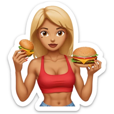 strong lean woman with visible strong abs eating a burger sticker