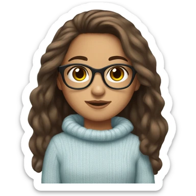 hispanic girl, long brown hair, brown eyes, full body, glasses, young, light blue winter sweater sticker