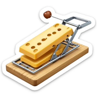 A 3D emoji in iOS emoji aesthetic style of a classic mousetrap with a wooden base and a metal spring mechanism, holding a small piece of yellow cheese, clean and detailed design, white background, glossy Apple-style rendering sticker