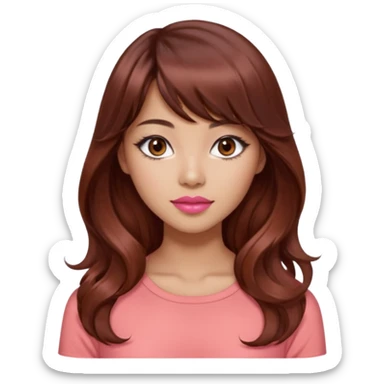 gorgeous woman, light tan skin, dark brown eyes, very long wavy auburn hair, bangs, pink top, coral lipstick, cool, model, mixed asian and latina sticker