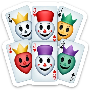 bunch of 3 poker cards, with crazy colorful human jolly jokers inside, inversed face, cuphead style sticker