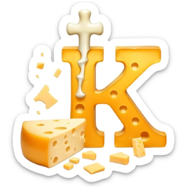Ethereal vitamin K2 symbol and a glowing bone surrounded by translucent, shimmering pieces of cheese floating in a magical arrangement. Golden rays connect the cheese to the K2 symbol and then to the glowing bone, showing the pathway of nutrients. sticker