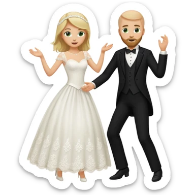 blonde haired green eyed bride and bald beared groom dancing sticker