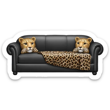 detailed, hyperrealism, still life style, beautiful realistic black leather sofa, with leopard print blanket on the side of sofa, with Grey satin pillows, masterpiece  sticker