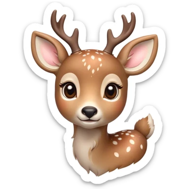 Cinematic Cute Deer Portrait Emoji, Head tilted playfully and inquisitively, showcasing a delicate Fur speckled with subtle white spots and gentle earth tones, round, sparkling eyes filled with curious wonder, Simplified yet irresistibly adorable features, highly detailed, glowing with a warm, friendly glow, high shine, affectionate and graceful, stylized with a touch of woodland whimsy, bright and endearing, soft glowing outline, capturing the essence of a mischievous yet loving fawn, so playful it feels like it could skip out of the screen into your arms! sticker