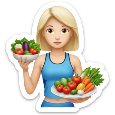 girl in sport clothes which give us the plate with vegetables sticker