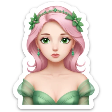 Cinematic Elegant Mulan Portrait Emoji, Dressed in her delicate green matchmaker gown, soft pink makeup, hair pinned perfectly, looking wistful yet radiant, eyes reflecting the depth of her spirit, capturing both her beauty and inner strength! sticker