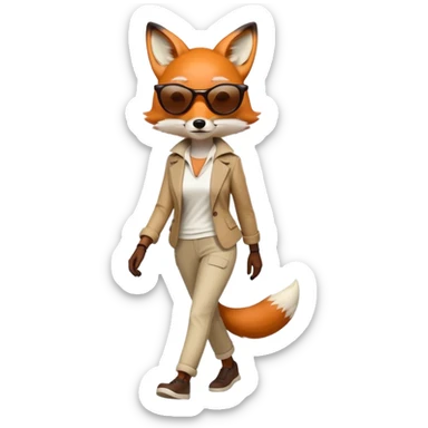 serious anthropomorphised female fox in stylish casual outfit with sunglasses, walking with confidence, full-body sticker