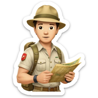 Icon for Adventure Movie: Mark Wahlberg among jungle in a jungle setting, holding a treasure map and surrounded by adventure gear. Behind him, ancient ruins rise through the dense foliage. Exciting, action-packed atmosphere with vivid jungle details. Transparent background. sticker