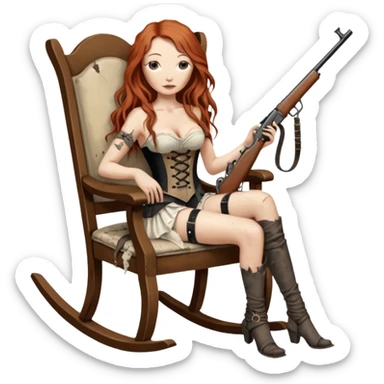 realistic cinematic Tori Amos sits on a rocking chair in a torn corset, holding an antique rifle and her bare feet are muddy. A white snake is wrapped around the chair. sticker