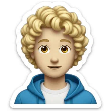A white teenager boy in a blue sweatshirt with a round face short curly blonde sticker
