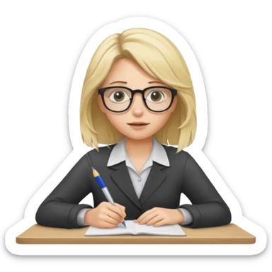 young blonde disheveled hair woman is writing an exam sticker