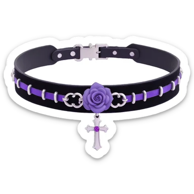 gothic choker with black velvet band, silver cross pendant, purple rose accent, ornate and dark gothic style sticker
