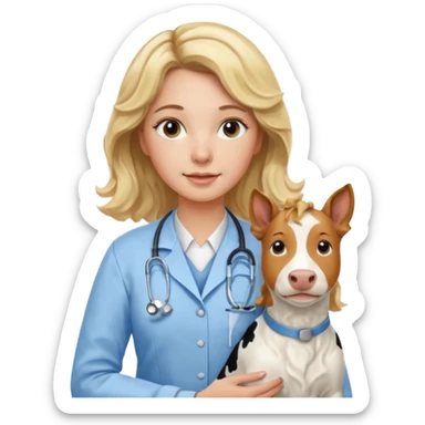 Joven mujer, de cabello bajo los hombros rubio con ondas y partidura al medio.  veterinaria de perros, vacas y caballos, con traje clínico celeste, sin delantal blanco sticker