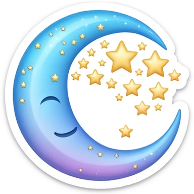 sparkly glossy pastel blue-gradient crescent moon with small stars sticker