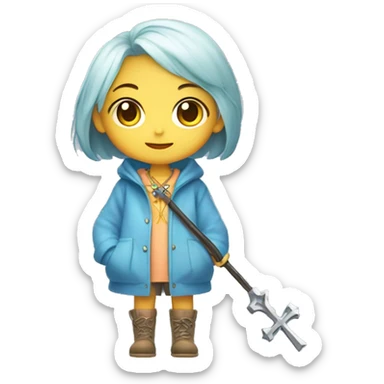 Cute little girl with light short blue hair with peach skin, with yellow raincoat hidden with boots holding a staff, with a cross necklace, Sanrio design sticker