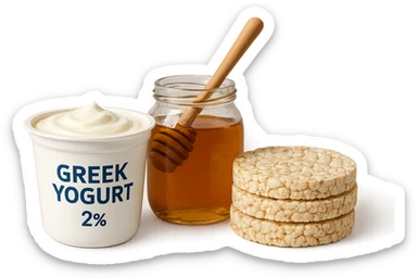 Yogurt Greco 2%
Miele
Gallette di Riso
vista frontale, iperrealistico 4k sticker