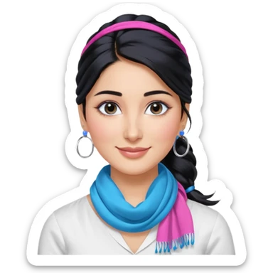 generate a pretty bratz emoji 
Make her wear a white shirt with a colorful blue-pink scarf wrapped around her neck. smiling big. Black hair tied into a side part ponytail, silver hoops and no necklace

She should look exactly  like Kareena Kapoor. kajal under eyes sticker