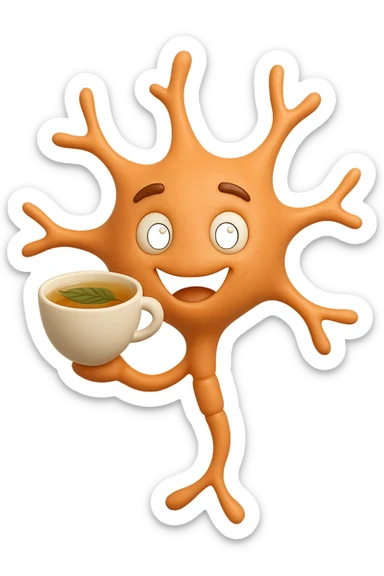 emoji stile iphone 3d di un neurone che fluttua in aria insieme ad un tè alle erbe, iperrealistico 4k sticker