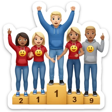 multi-racial group on a winners’ podium with the middle step higher, all in jeans, t-shirts, and hoodies, excited, fun, expressive emoji style sticker