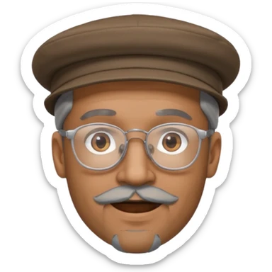 Brown man slightly smiling showing with hat, clear glasses and a gray goatee sticker