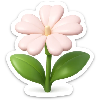 Create a 3D iOS-style cartoon soapwort (Saponaria) flower with exaggerated cute pale pink petals and big green leaves. The flower should have playful proportions, soft lighting, and a glossy effect. No background, and do not include a face or smile. Style should be in the GPT Image style as requested. sticker