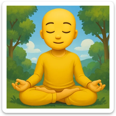 Add a peaceful nature background with trees and sky behind the meditating emoji, keep the classic emoji style sticker