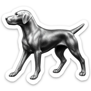               Apply a high-end, photorealistic metallic chrome material to the provided {subject}. The material should have a smooth, slightly curved surface with subtle reflections and soft shadows, resembling brushed or polished silver metal. Preserve the exact shape, proportions, and design of the original object. Set it against a solid black background (#000000) in 8K resolution. The lighting should enhance the beveled edges and reflective highlights, creating a sleek, premium finish. {subject} = dog pointing left sticker