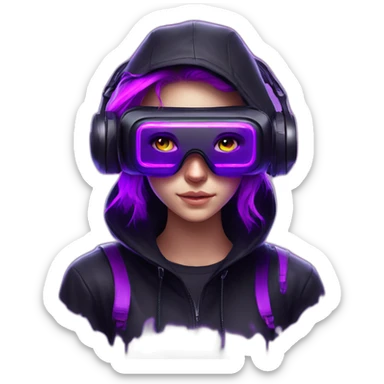 Russian student in the black hoody with violet letters "OMG VR" on it wearing vr headset. Cyberpunk style. Violet neon. sticker