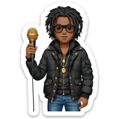 African American man brown skin complexion with black dreadlocks shoulder length wearing black bubble winter coat wearing black sunglasses with denim skinny jeans and timberland boots wearing headphones and rapping into a studio microphone sticker