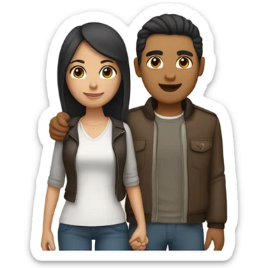 a couple holding hands. the guy has black middle part hair and is Persian and Filipino mix, wearing a jacket. the girl has brown hair white and asian mix, wearing a crop top. sticker