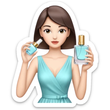 stylish woman spraying perfume, holding a perfume bottle, soft mist spray in the air, elegant pose, 3D cartoon, mobile game icon style, clean background, no text, no watermark

 sticker