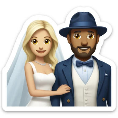 Puerto rican beard short hair with blue hat and navy blue suit getting Married with blond long hair girl with white  wedding dress  sticker