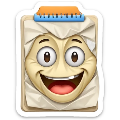 A crumpled notepad with a silly drawing on it sticker