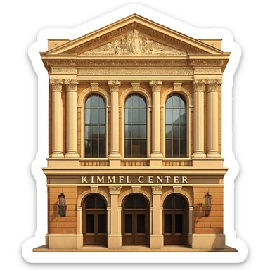 cinematic, realistic emoji of the Kimmel Center Theater in Philadelphia, straight-on perspective, featuring majestic, ornate architecture, lifelike detail, bright regal lighting as on a sunny day, accurate building colors sticker