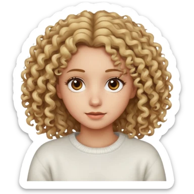 a dirty blonde girl with brown eyes and make her wearing a white sweater with curly hair and white skin color sticker