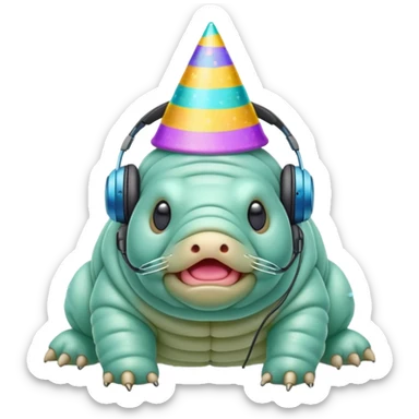 microscopic tardigrade wearing headphones and a party hat sticker