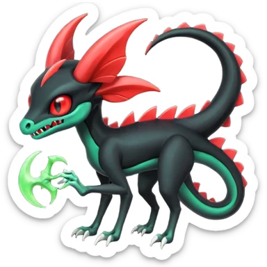 Horned Obsidian-black and neon-glowing-green skeletal Meloetta-Salandit-Gorebyss-Salazzle-Pokémon-Fakémon-creature-fusion-hybrid with glowing crimson-red evil slit eyes sticker