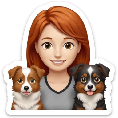 young red-haired woman with two mini Australian shepherds, brown white and black, male larger and robust, female smaller and daintier, emoji style sticker