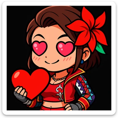 Azucena from Tekken 8 in chibi sticker style with heart eyes and blushing, standard Twitch emote, wearing her detailed red and patterned outfit as shown in the reference images. sticker