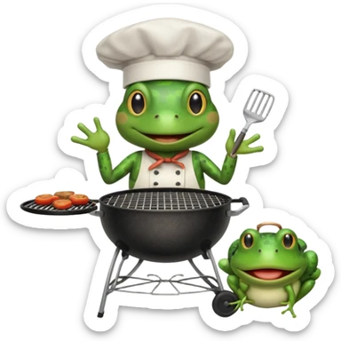 create a weber grill with frog whos wearing chefs hat and cooking on bq sticker