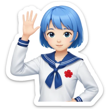 Anime girl with short bright blue hair wearing Japanese sailor style school uniform, composed posture with hand on hip but shyly waving with other hand, blushing face and timid smile sticker