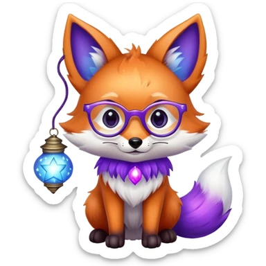 a small magical fox with shimmering purple and blue fur, a glowing fluffy tail, a silver star on its forehead, round glasses, and a tiny lantern. ❤️ sticker