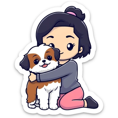 A girl with black hair hugging a Shih Tzu dog sticker