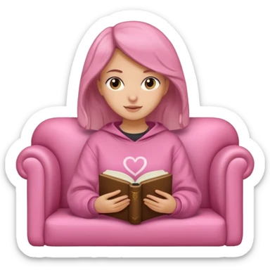 Una chica linda de cabello oscuro con ondas hasta los hombros de piel blanca con una sudadera rosa en un sofá cómodo y hermoso leyendo la biblia sticker