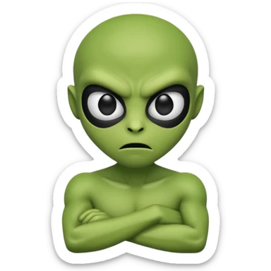 An emoji-style alien face with an angry expression, green skin, large black eyes, furrowed eyebrows, and a slanted side turned mouth, arms folded across chest showing contempt sticker